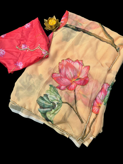 Party wear Chiffon Organza saree with beautiful digital print and handwork