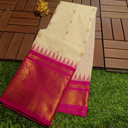 Elegant Cream n Pink Colour Semi Gadwal pattu Saree with contrast weaving borders n rich pallu.