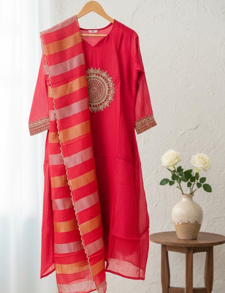 RED PARTY WEAR MUSLIN CHANDERI SILK KURTA SUIT WITH WORK HAND EMBROIDERY