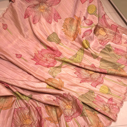 Exclusive Ivory Silk Saree with allover Pichwai design & Glassbead work