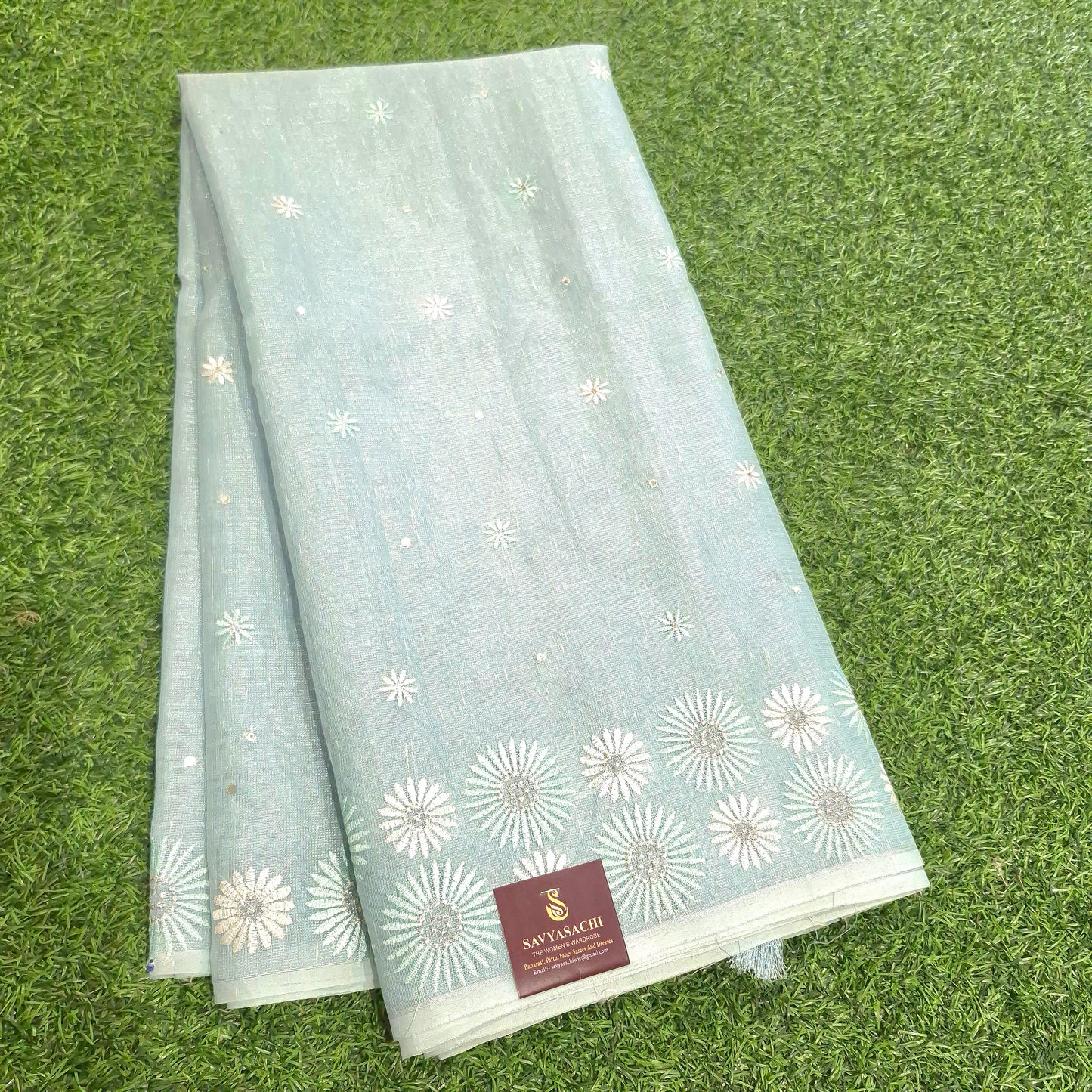 Lenin Tissue Saree With Embroidery & Mirror work