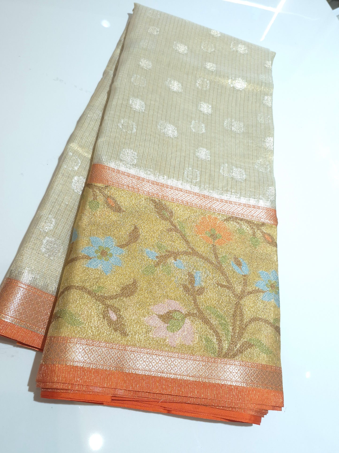 Elegant Cream n Orange Silk Kota Saree with jamdani weaving borders