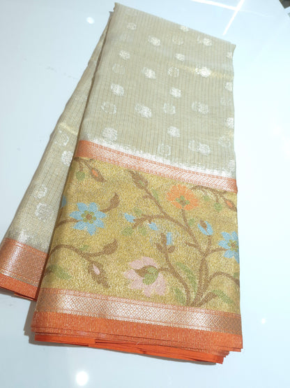 Elegant Cream n Orange Silk Kota Saree with jamdani weaving borders