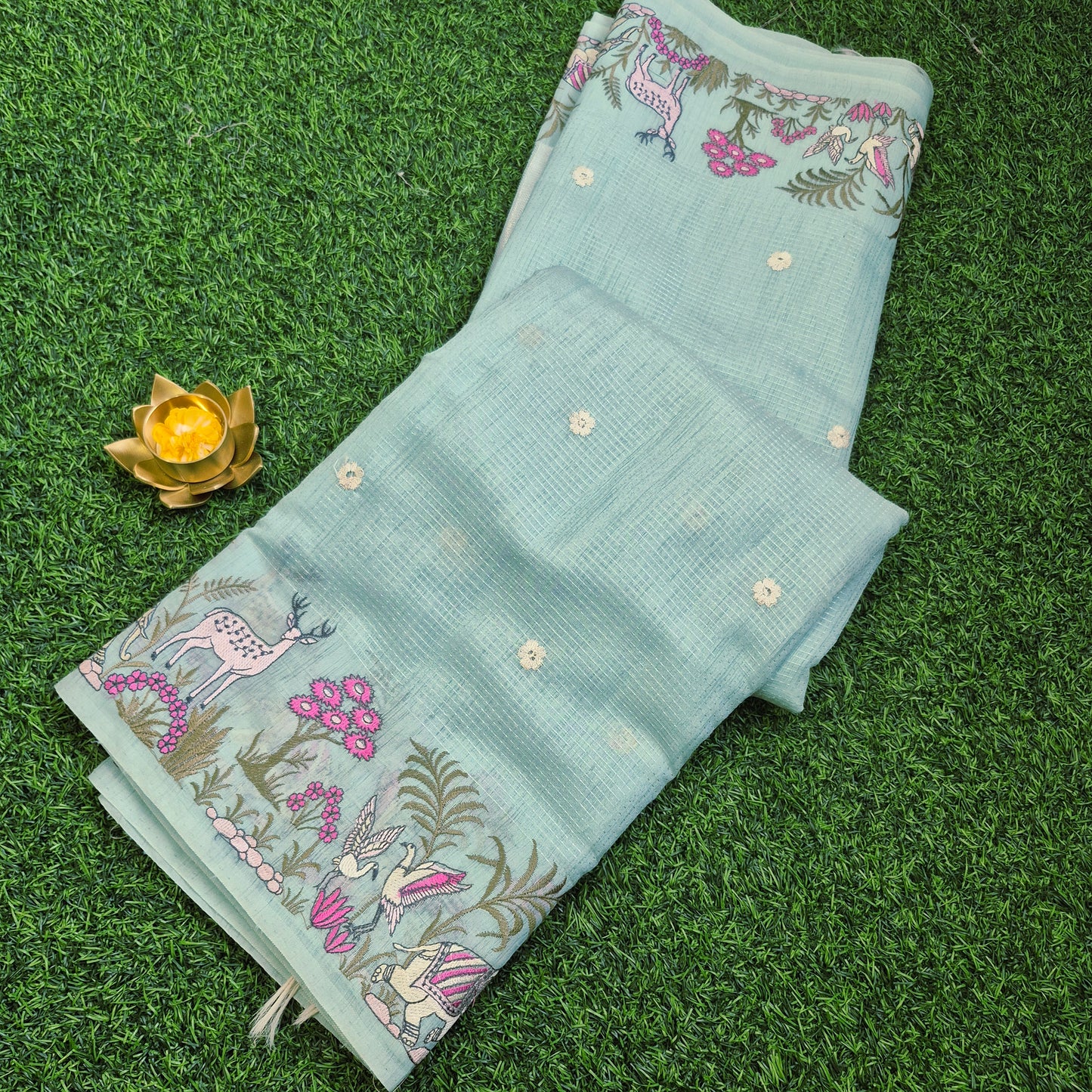 Pastel pure Lenin silk with beautiful embroidery