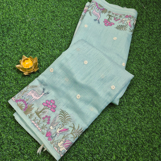 Pastel pure Lenin silk with beautiful embroidery