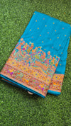 Blue Colour Tussar dupion Silk with beautiful tanjore Prints