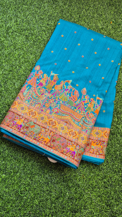 Blue Colour Tussar dupion Silk with beautiful tanjore Prints