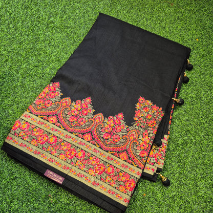 Black Colour Tussar dupion Silk Saree with beautiful tanjore Prints