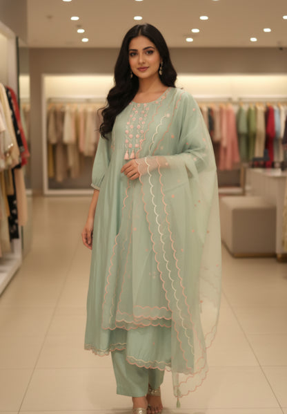 ARHAA Brand Pista green muslin Crepe  ready to wear 3pc suit with beautiful hand embroidery