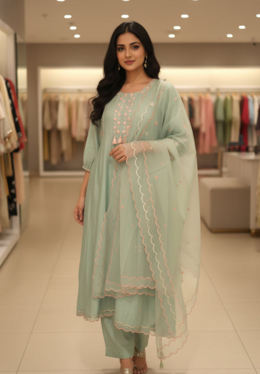 ARHAA Brand Pista green muslin Crepe  ready to wear 3pc suit with beautiful hand embroidery