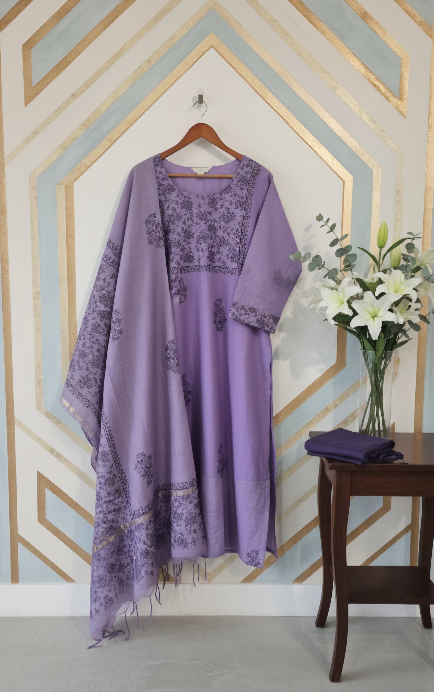 Pure Handloom Maheswari Silk with block printed 3pc Suit