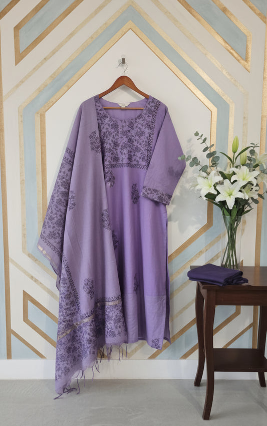 Pure Handloom Maheswari Silk with block printed 3pc Suit