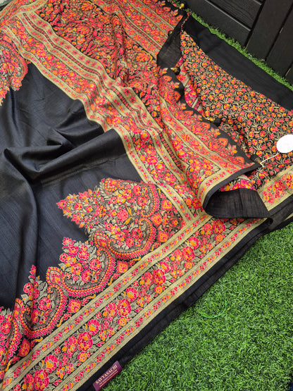 Black Colour Tussar dupion Silk Saree with beautiful tanjore Prints