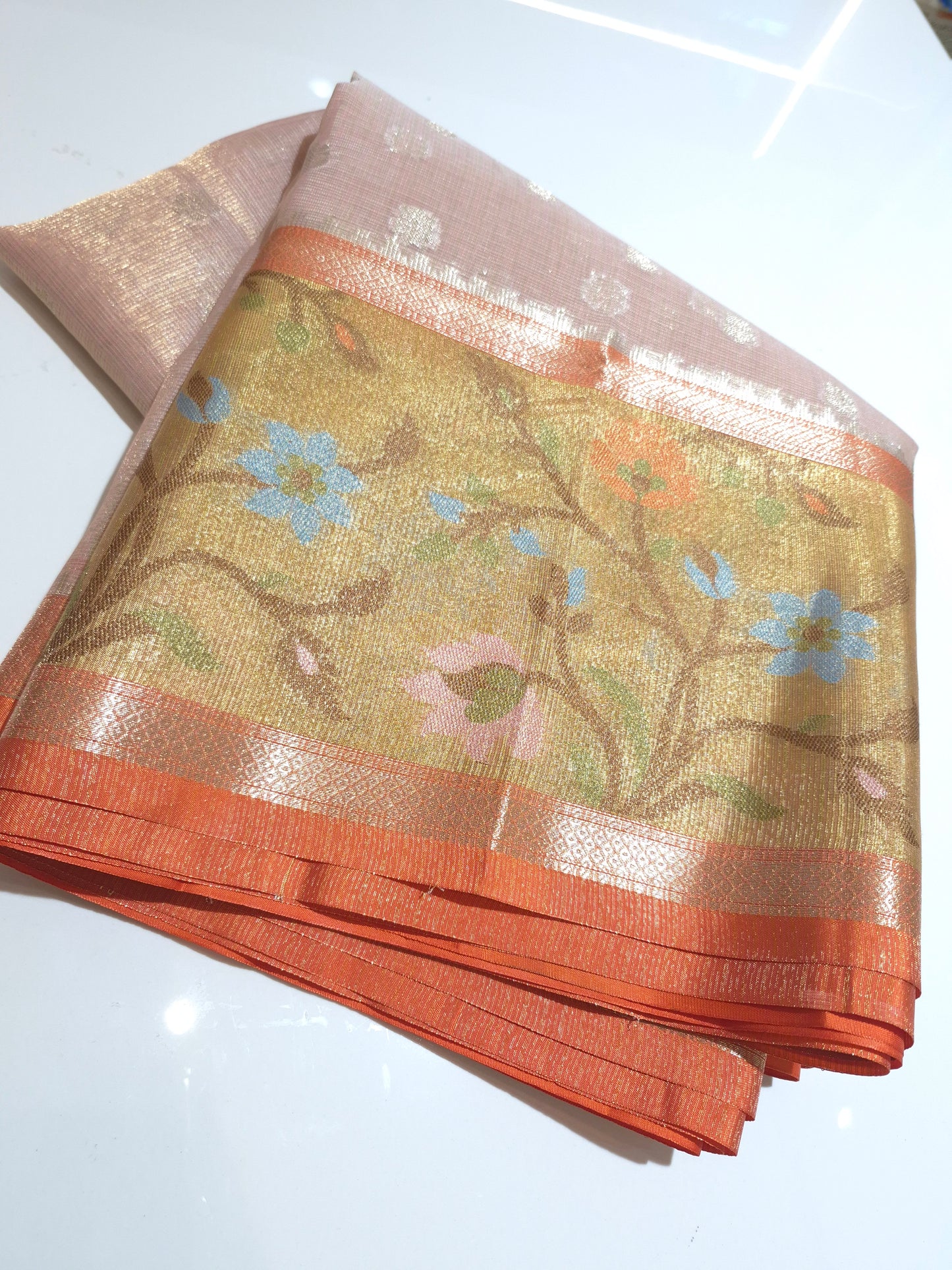 Elegant and Classy Peach Pink n Orange colour Silk Kota Saree