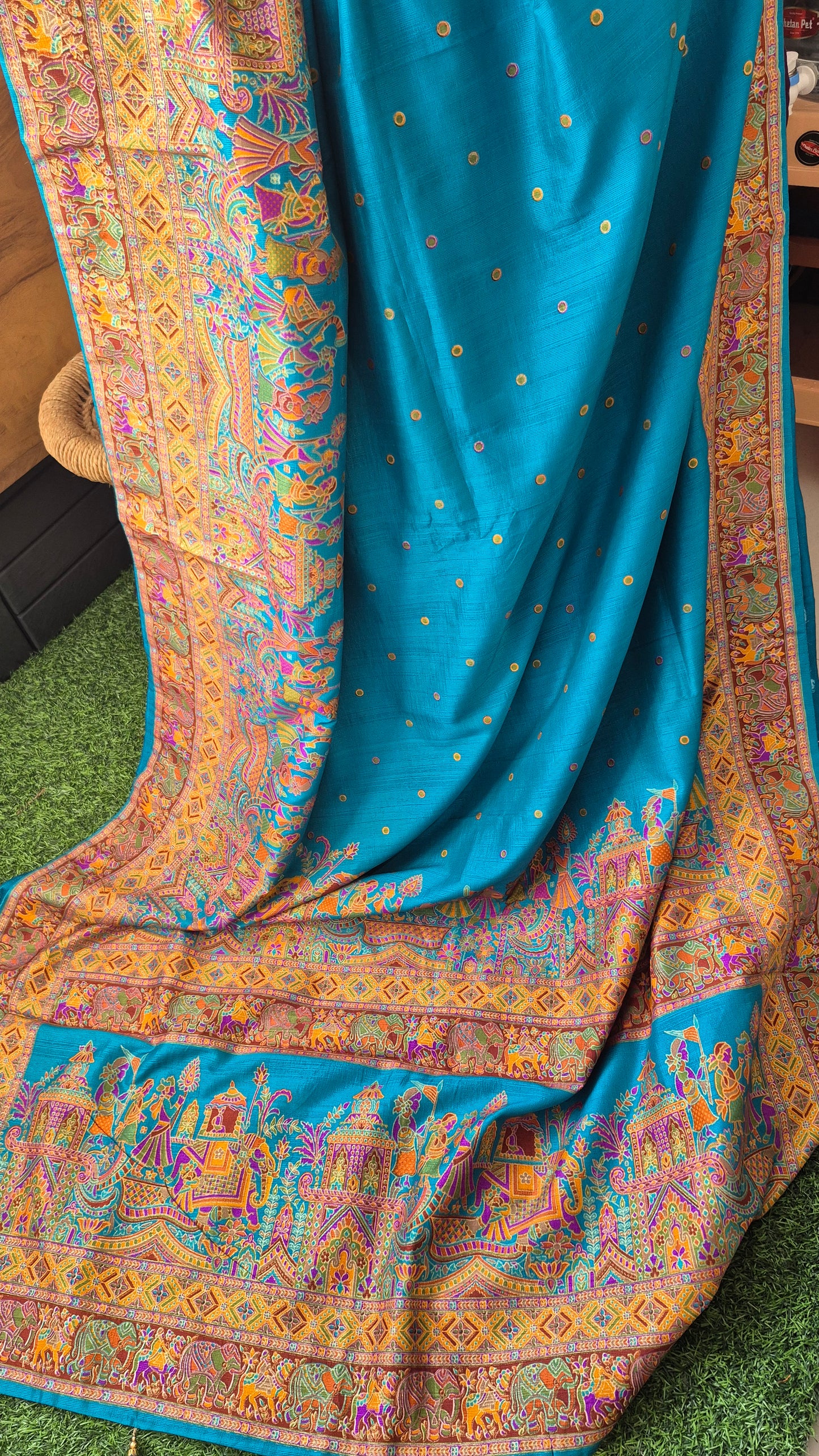 Blue Colour Tussar dupion Silk with beautiful tanjore Prints