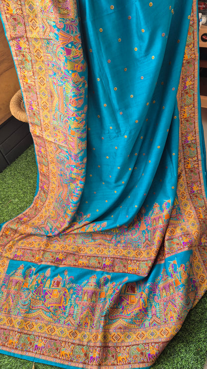 Blue Colour Tussar dupion Silk with beautiful tanjore Prints