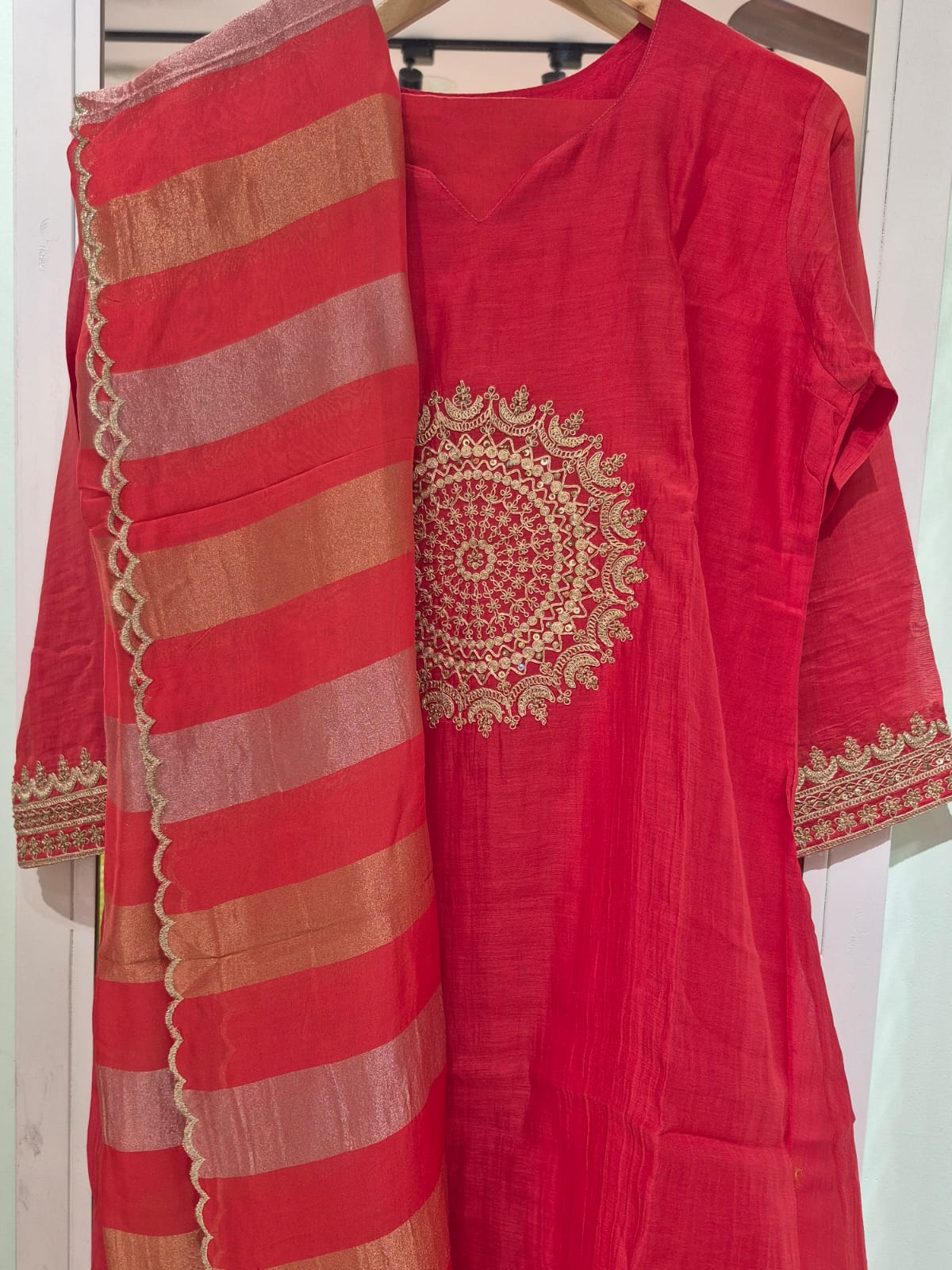 RED PARTY WEAR MUSLIN CHANDERI SILK KURTA SUIT WITH WORK HAND EMBROIDERY