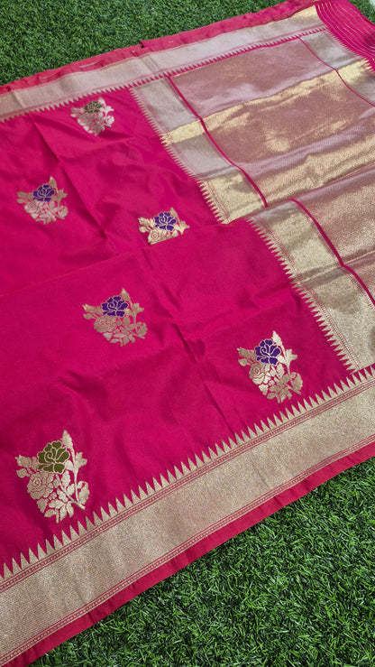 Exclusive Traditional Banarasi Silk Saree with Meena weaving butis along with grand pallu