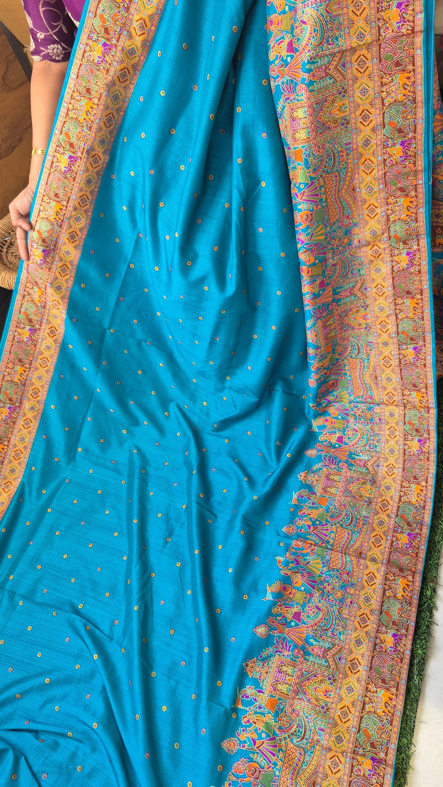Blue Colour Tussar dupion Silk with beautiful tanjore Prints