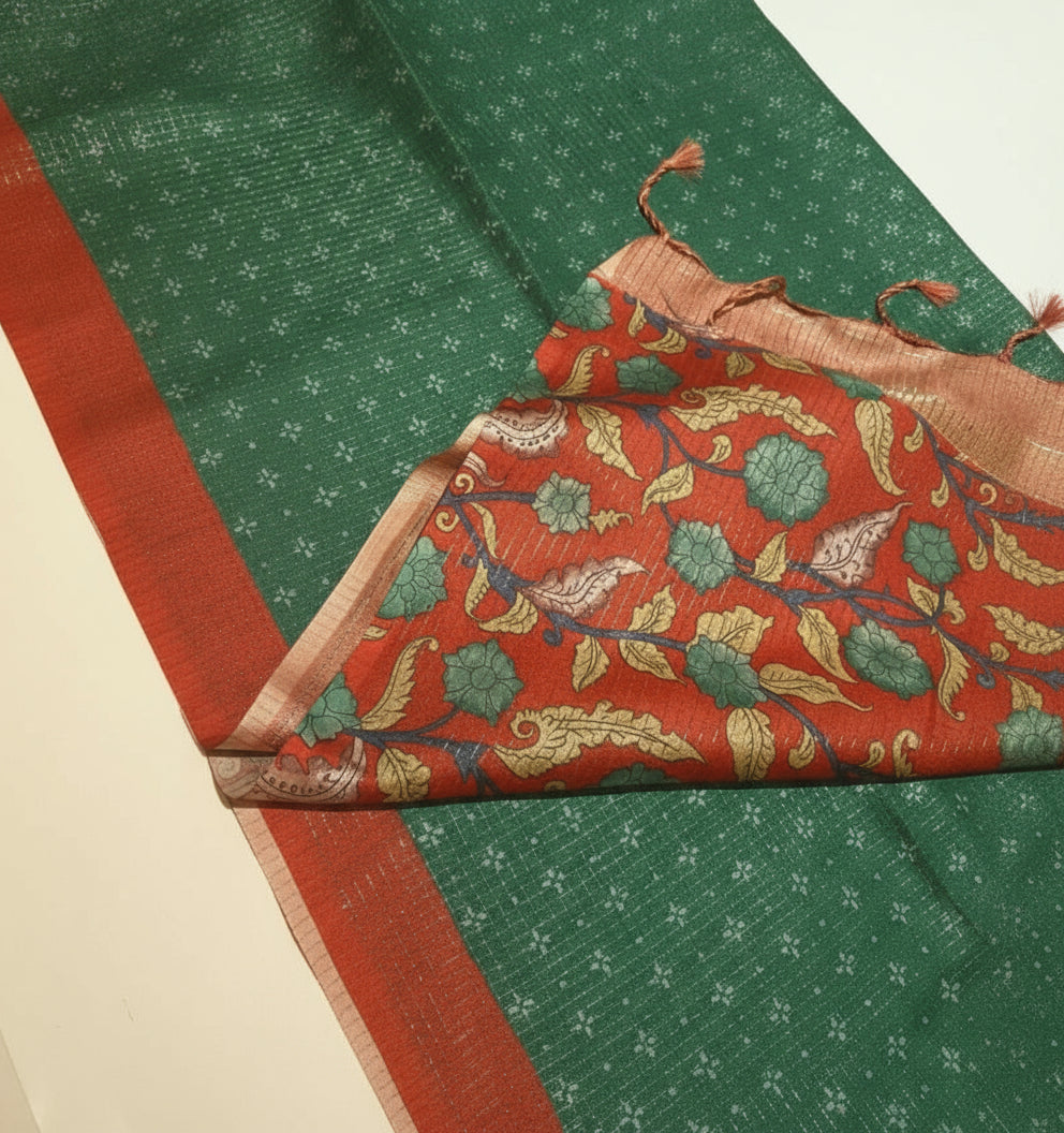 Elegant Premium Tussar Silk with Vintage Checks along with beautiful Kalamkari blouse