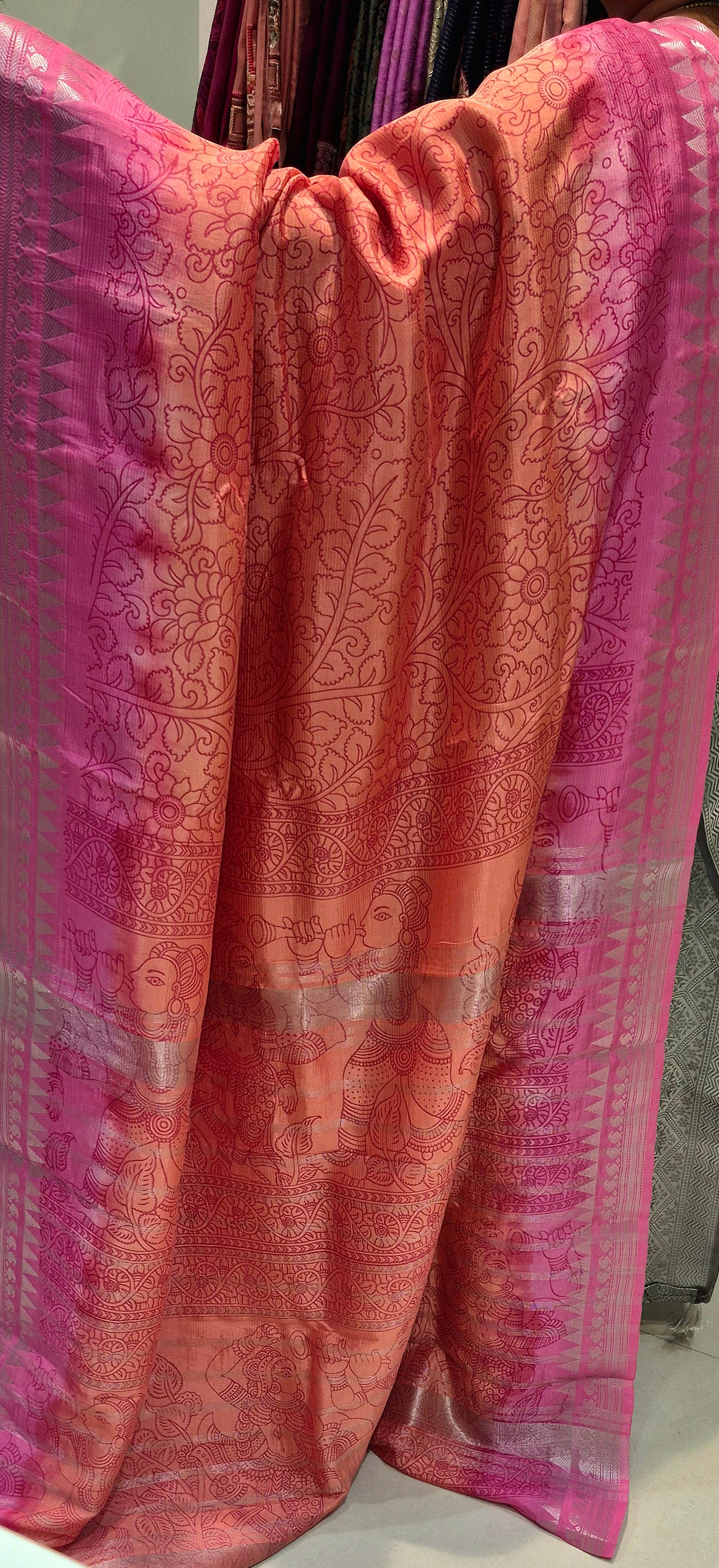 Elegant Mangalagiri silk with penkalamkari design allover and contrast kanchi weaving borders
