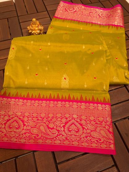 Elegnat Yellow n Pink Narayanapet pattu saree with traditional borders and rich pallu