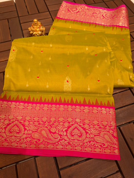 Elegnat Yellow n Pink Narayanapet pattu saree with traditional borders and rich pallu