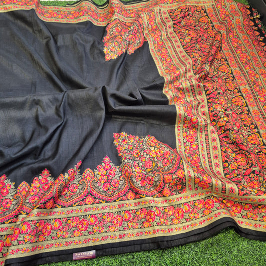 Black Colour Tussar dupion Silk Saree with beautiful tanjore Prints