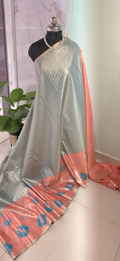 Blue and Peach Kanchi Tissue Saree with Meenakari Border.