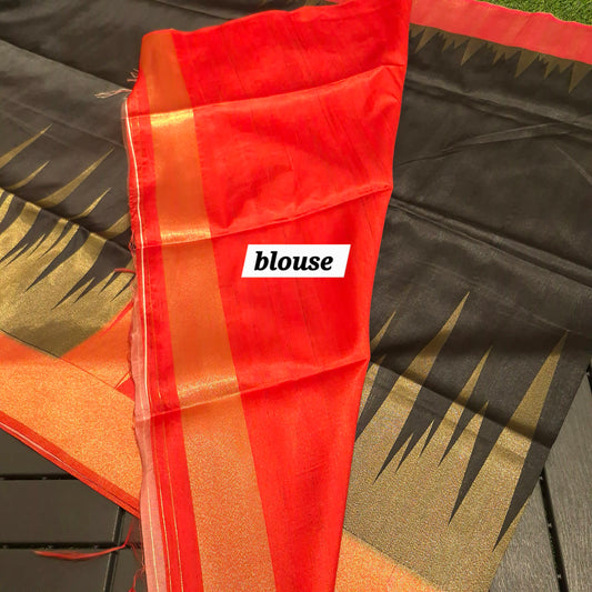 Black and Red Tussar Silk Saree with Ganga Jamuna Borders
