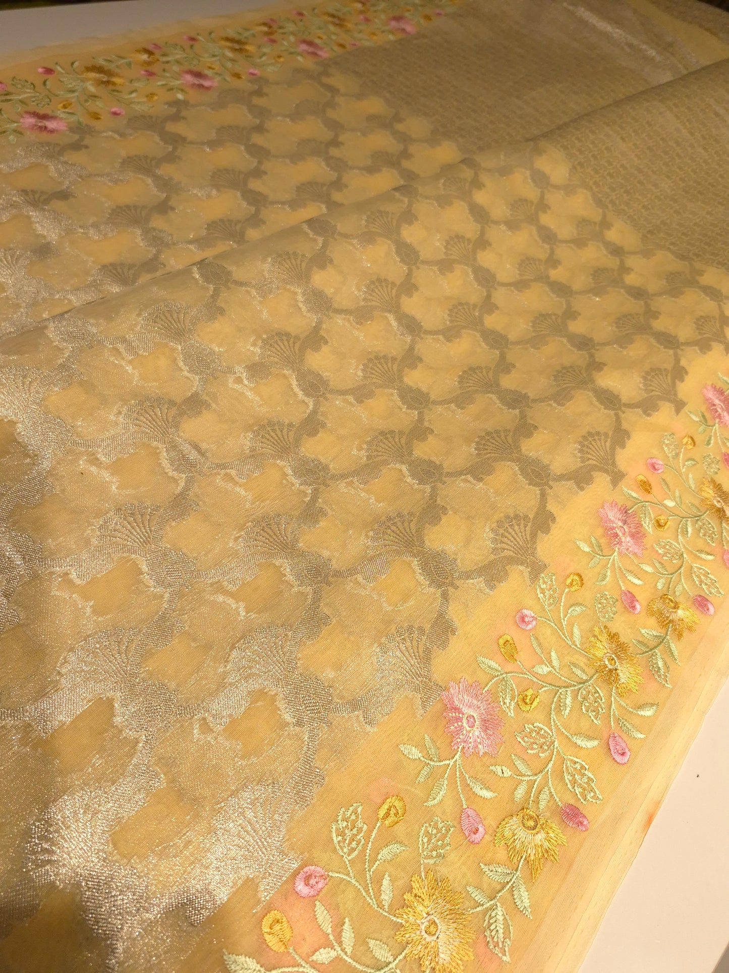 Party wear Pastel yellow kora weaving saree with beautiful embroidery borders