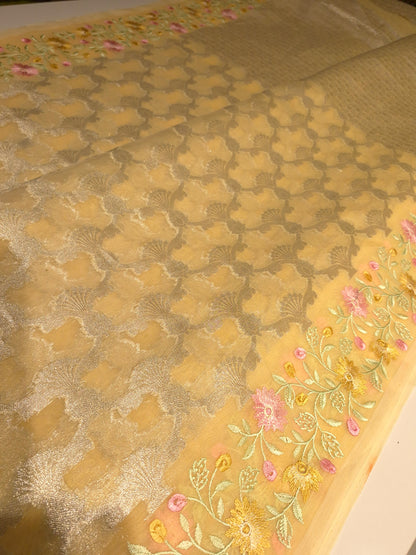 Party wear Pastel yellow kora weaving saree with beautiful embroidery borders