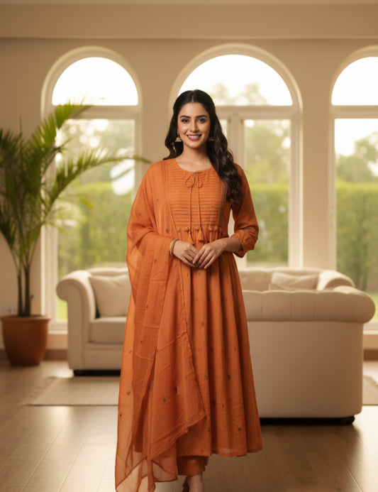 Orange silly cotton  3pc kurta set with beautiful embroidery