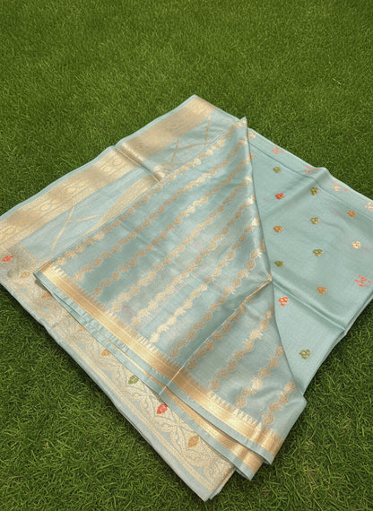 Elegant Pastel Blue Pure Raw mango Silk with Meena weaving butis