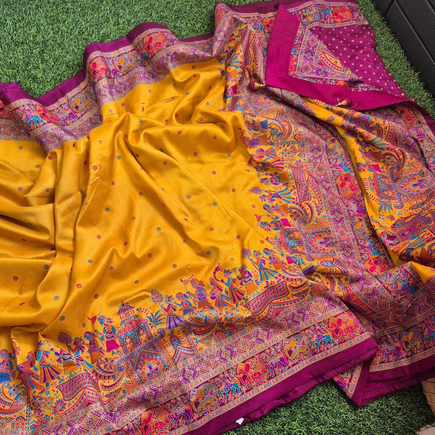 Mustard yellow Tussar Dupion silk saree with beautiful tanjore Prints