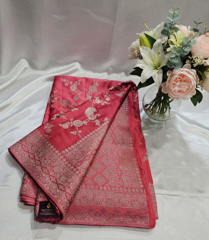 Dark Peach Banarasi Mashru silk with allover weaving Saree
