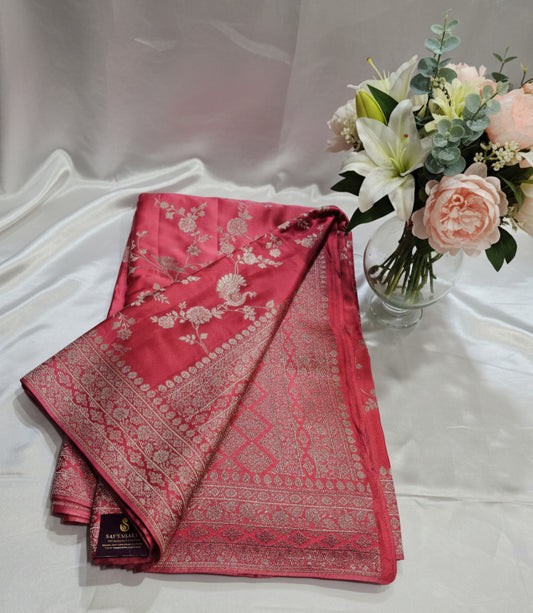 Dark Peach Banarasi Mashru silk with allover weaving Saree