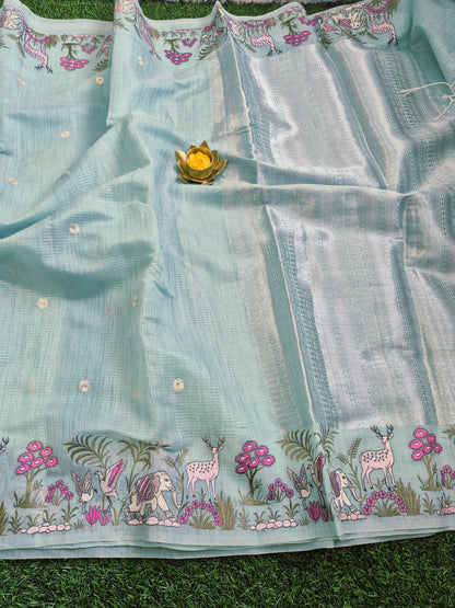 Pastel pure Lenin silk with beautiful embroidery