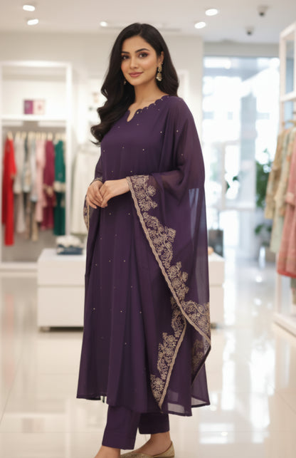 Dark Violet Party wear 3pc suit with beautiful hand work