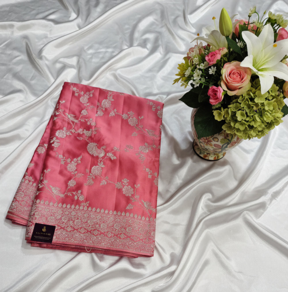 Dark Peach Banarasi Mashru silk with allover weaving Saree
