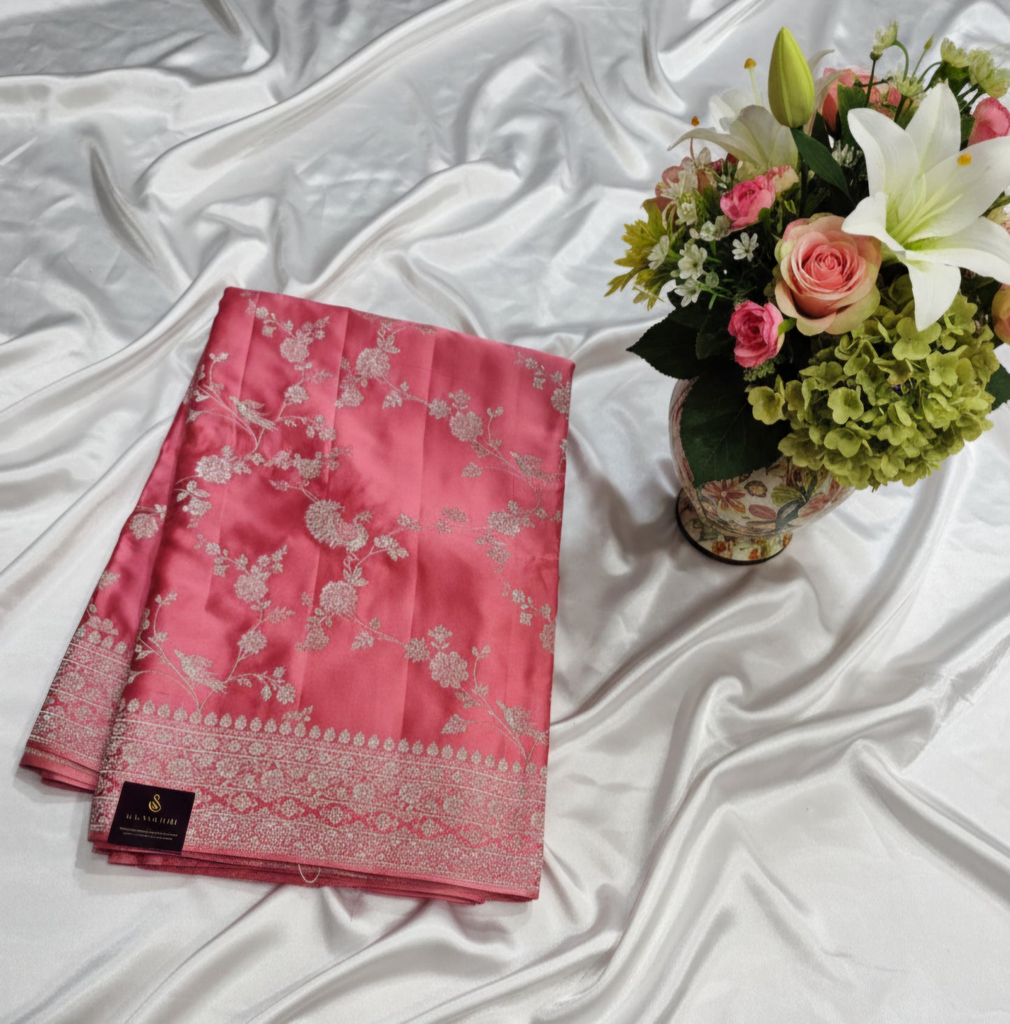 Dark Peach Banarasi Mashru silk with allover weaving Saree