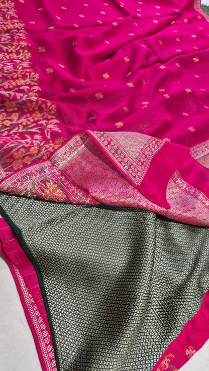 Pink and Green Handloom Matka Silk With Jamdani weaving