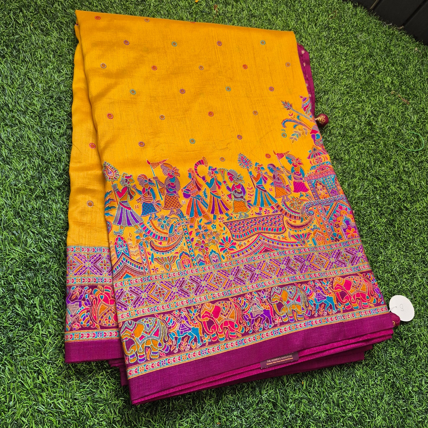Mustard yellow Tussar Dupion silk saree with beautiful tanjore Prints