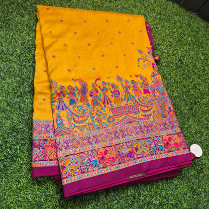 Mustard yellow Tussar Dupion silk saree with beautiful tanjore Prints