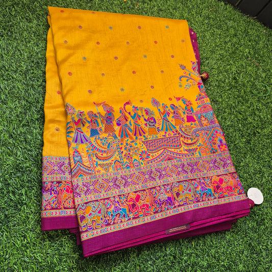 Mustard yellow Tussar Dupion silk saree with beautiful tanjore Prints