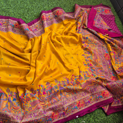 Mustard yellow Tussar Dupion silk saree with beautiful tanjore Prints