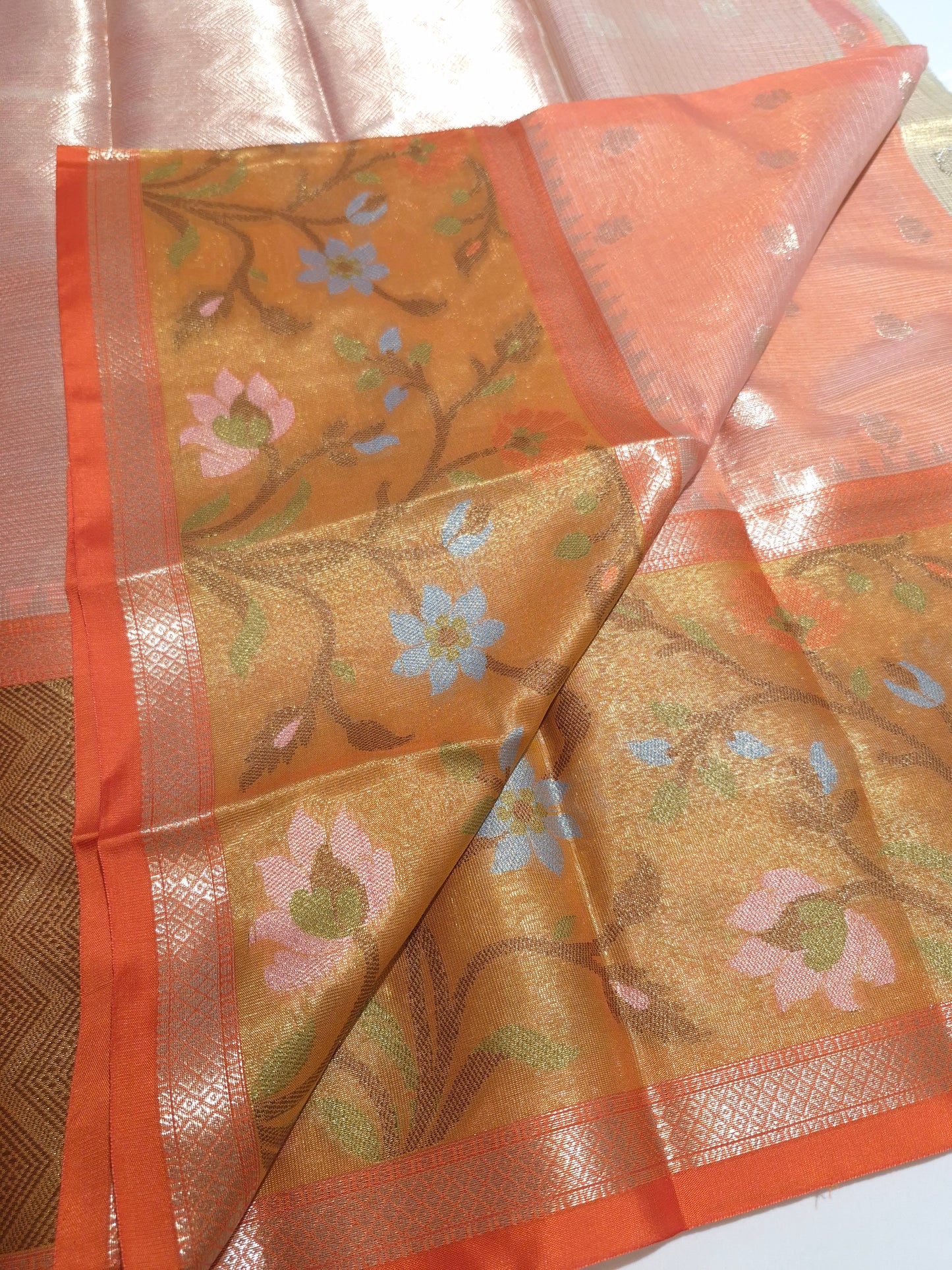 Elegant Cream n Orange Silk Kota Saree with jamdani weaving borders